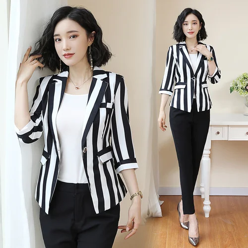 

Summer Women's Slim Suit Jacket Korean Version Temperament Leisure Stripes Office Lady Fashionable Woman Blazer Oversize