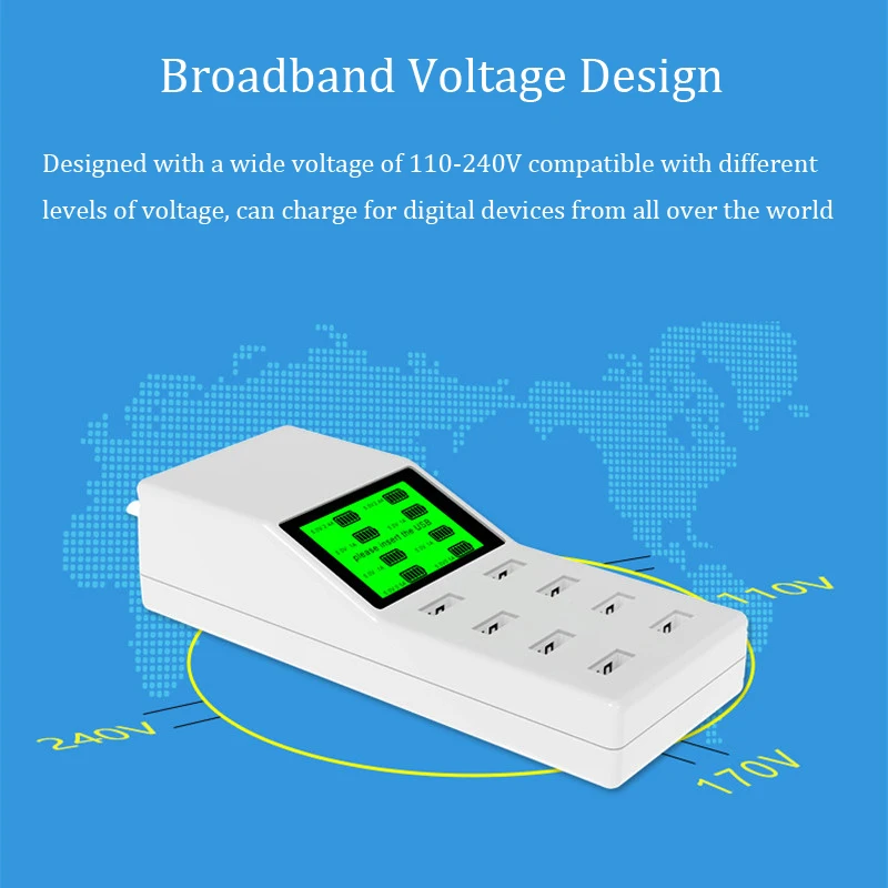 Портативное умное зарядное устройство со светодиодным дисплеем 8 USB-портов |
