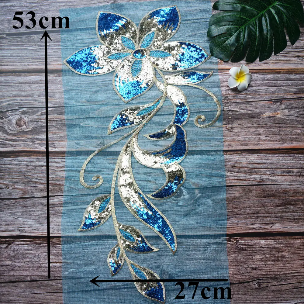 Синий бирюзовые золотые блестки цветок листья кружева ткань вышитое свадебное