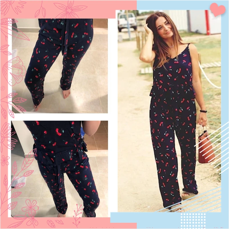 Dotfashion, темно-синий, с принтом вишни, с рюшами, на бретельках и штанах, пижамный комплект, сексуальная пижама для женщин,, Летняя Повседневная Домашняя одежда, кавайное ночное белье
