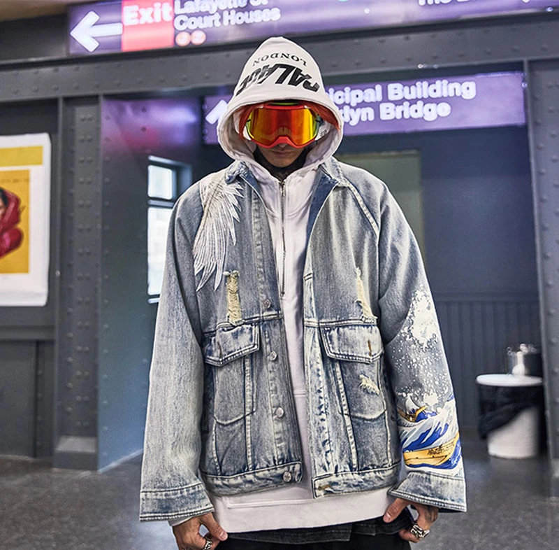 US Size Crane Embroidery Jeans Men Blue Coat Denim Jacket Orersize Loose Coats Vintage Hip Hop Fashion DG89 | Мужская одежда