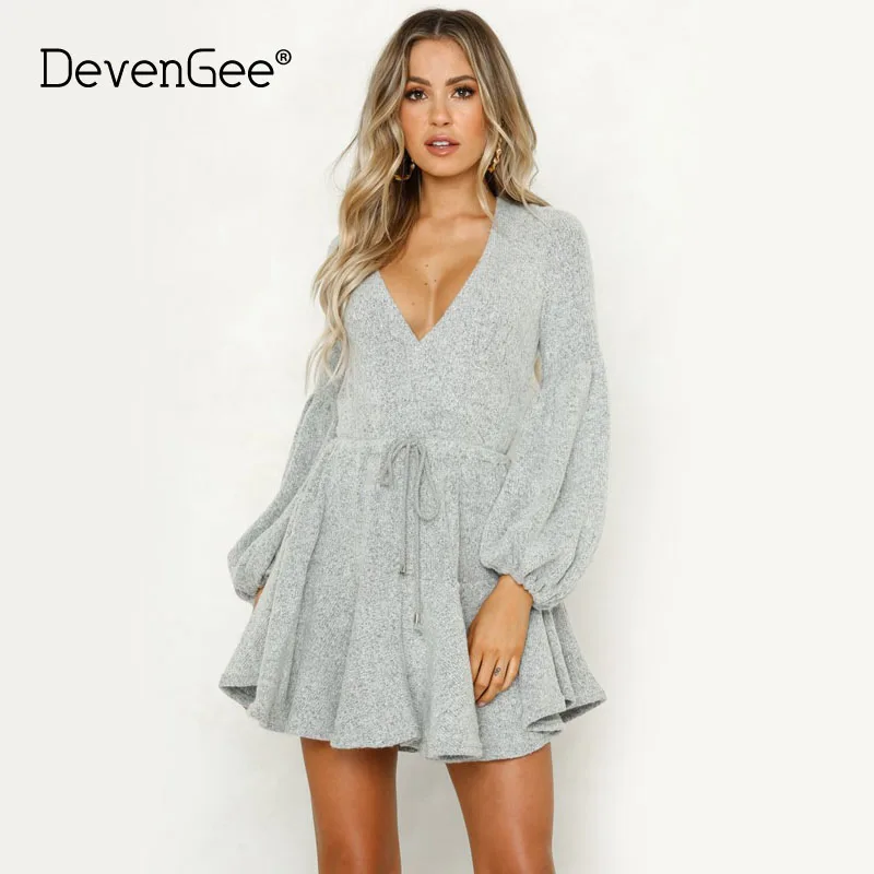 DevenGee/осенне зимние вязаные платья с длинным рукавом женские сексуальные