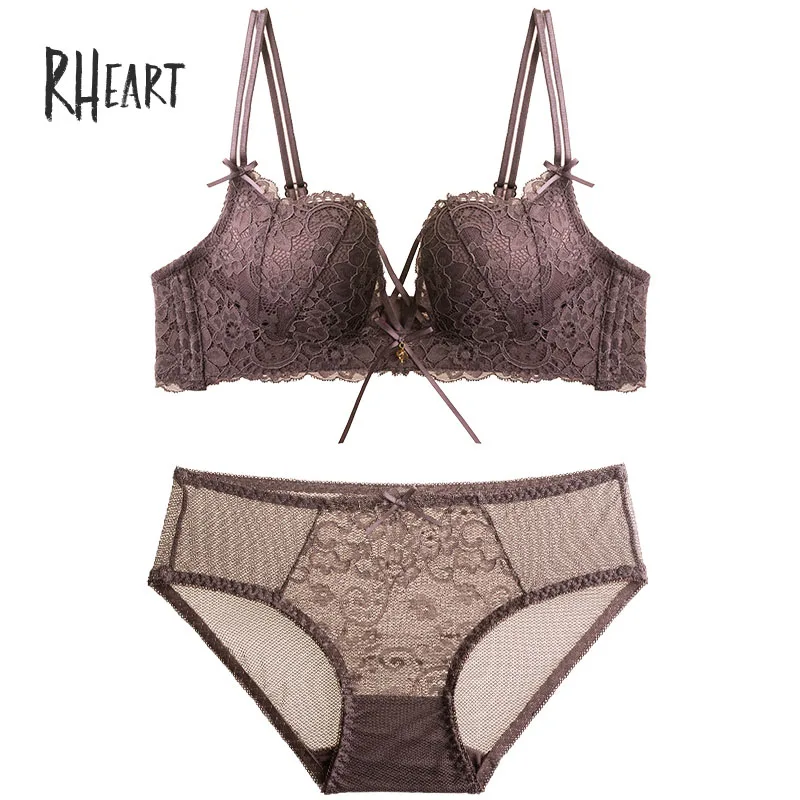 Brown Roseheart Women Red Green Lace Trim Cross Straps Bralette Cotton Panties Push Up Bra Sets Underwear Sexy Lingerie Sets A B - Цвет: Brown