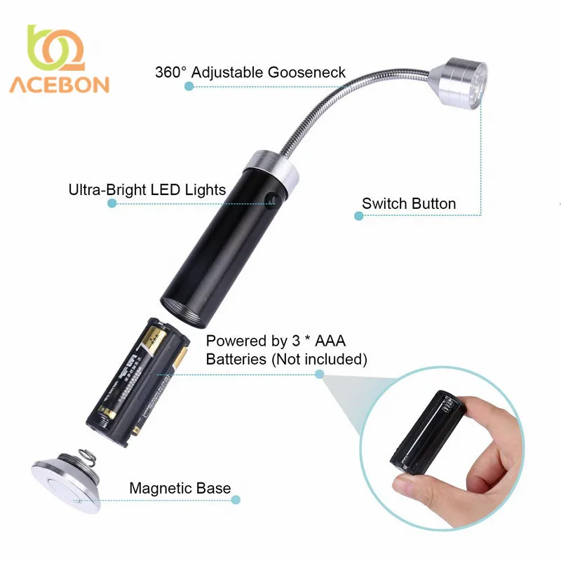 ACEBON 2 шт. Магнитная база регулируемое использование батарея супер яркий барбекю светильник для чтения гусиная шея светодиодный светильник s открытый светильник ing