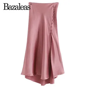 XD10 2231 pink Bazaleas Винтаж как шелк Миди-юбки сексуальный тонкий Для женщин юбка из розового сатина Для женщин юбка Повседневное скольжения юбка на пуговицах; Прямая поставка - Цвет: XD10 2231 pink