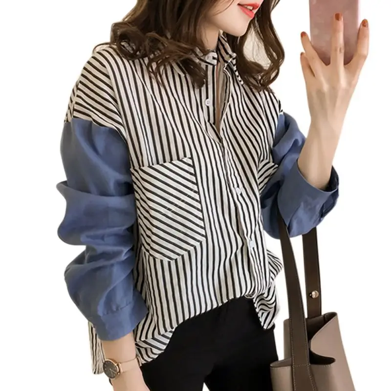 

Women new College Wind Pocket V-Neck Lapel Sleeve Stitching Striped Loose Shirts Tops Fashionable Versatile Blouse