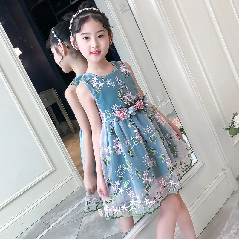 Girls Summer Jumper Dress Princess O-neck Sleeveless Vest Dresses Flower Embroidery Casual Kids Tulle Frocks | Детская одежда и