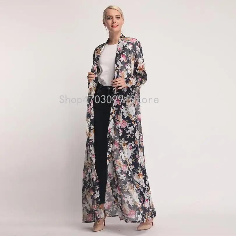 Abaya женский открытый кардиган шифон цветочный принт весенний Повседневный