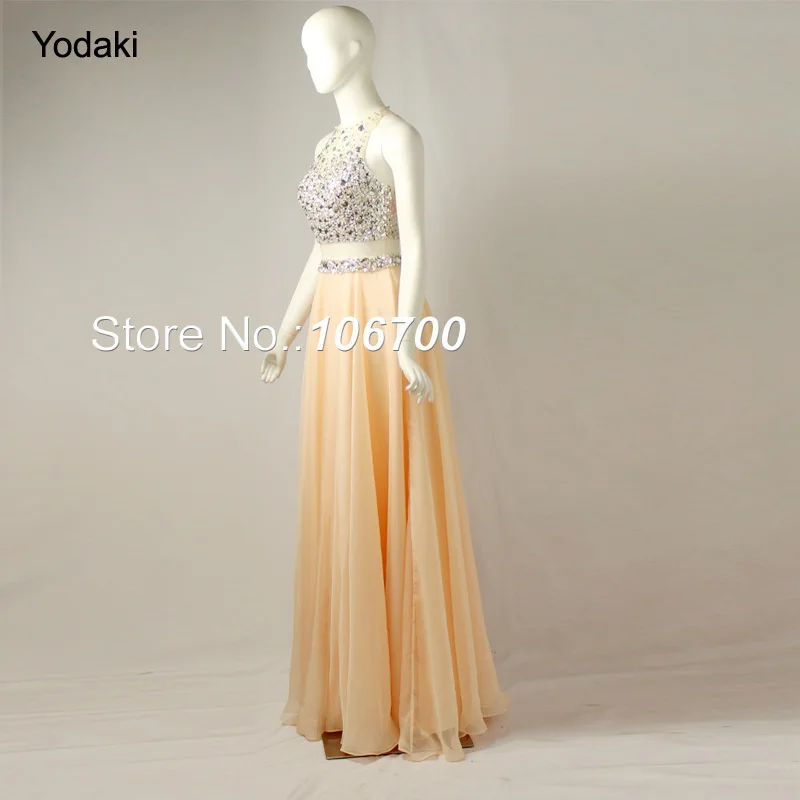 

2018 New Two Pieces Prom Dresses O Neck Yellow Peach Long Chiffon Party Gowns Crystal Beads Sheer Illusion Evening Prom JB845