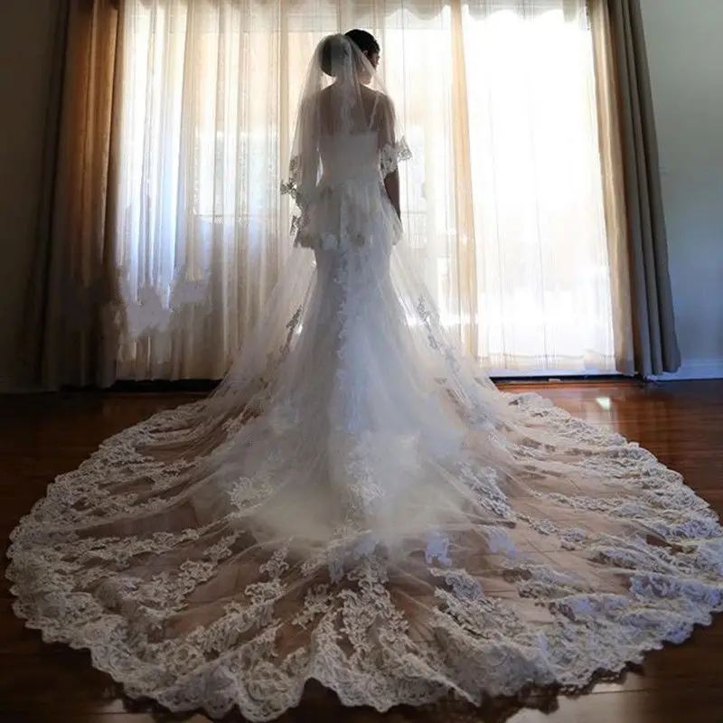 

Real Image 3M 2L Cathedral Wedding Veil Full Lace Applique White Ivory Free Comb Long Bridal Veils Accessories
