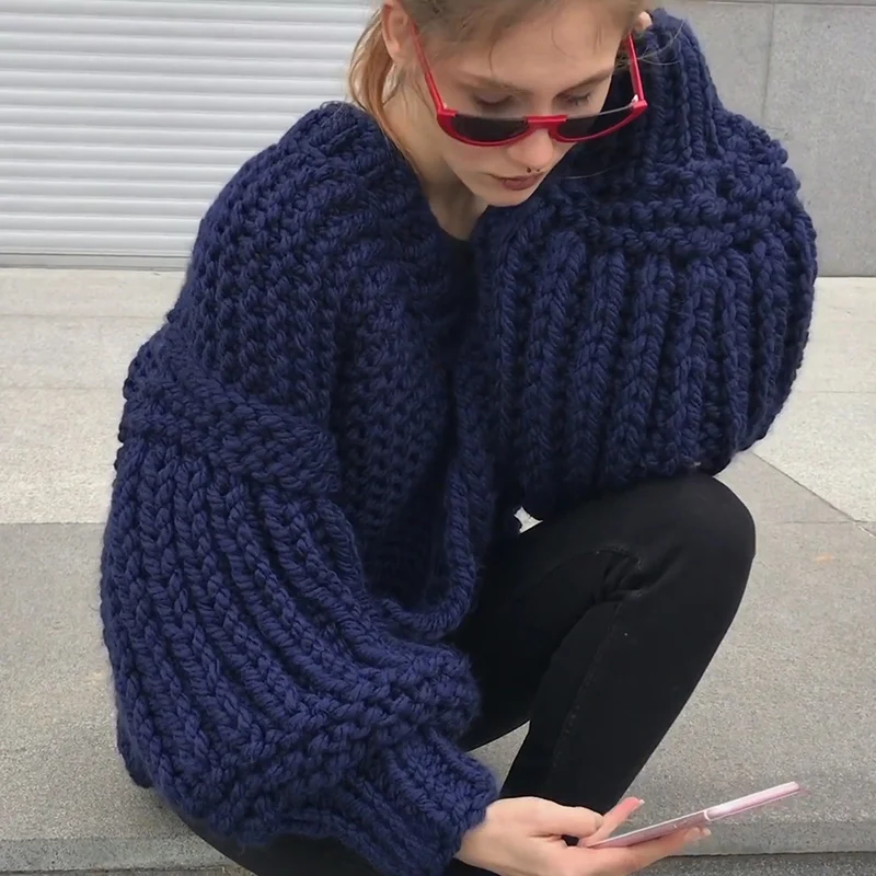 2018 Winter Women's Black thick Cardigan Sweater 5XL Handmade Crochet braided Streetwear Gray lady |