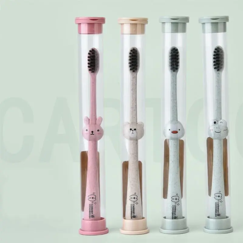 Cepillo de dientes para beb&eacute; con mango de dibujos animados, cuidado bucal, paja de trigo Natural, bamb&uacute;-2