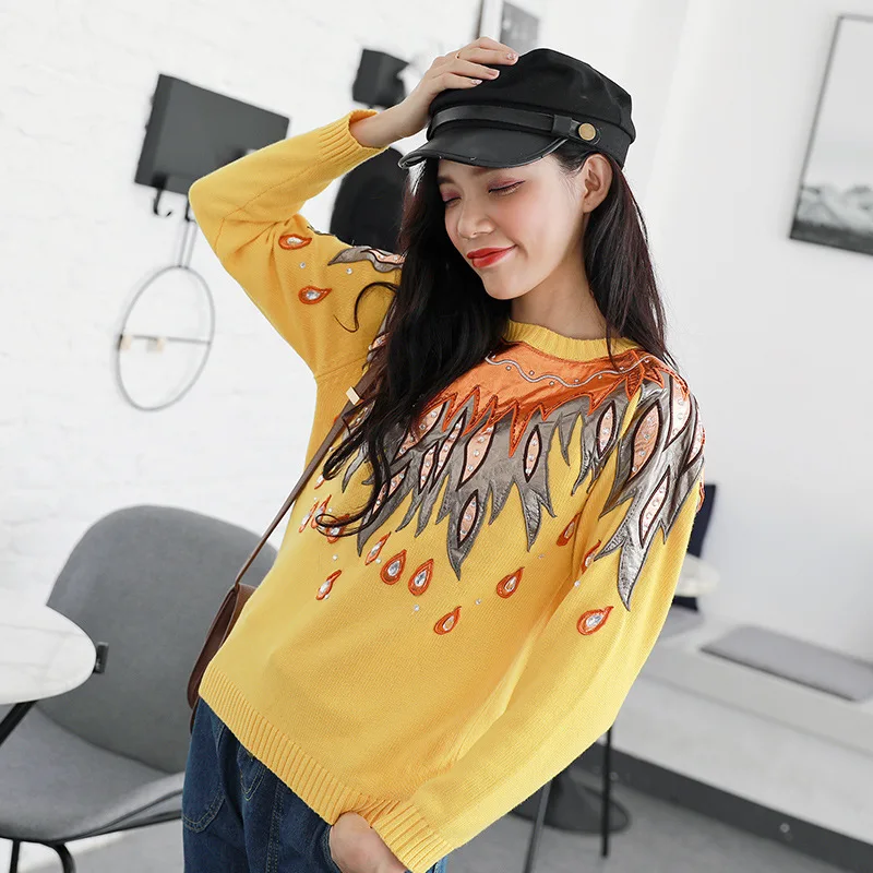 

New Lazy Wind Same Round necked Sweater Woman Yellow Heavy Industrial Wool Knitted Sweaters