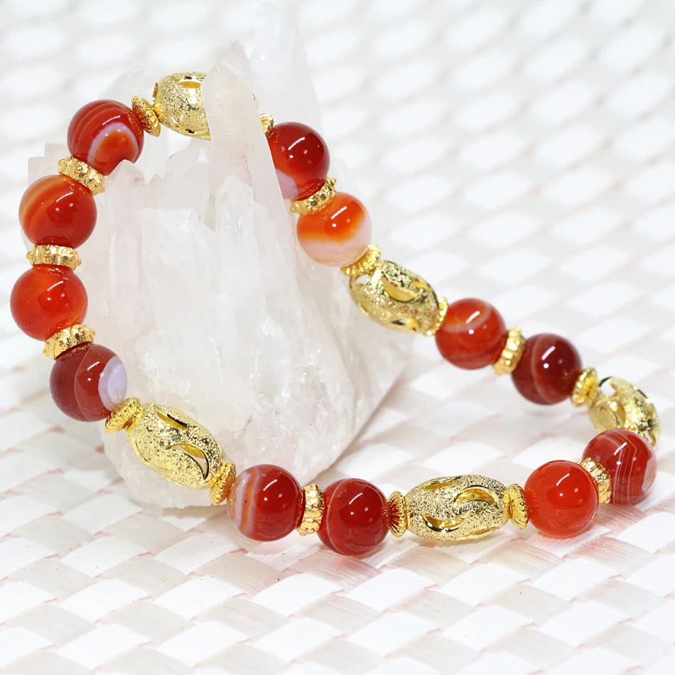 Factory outlet gold-color beads natural red veins agat carnelian onyx bracelet round stone 8mm elegant jewelry 7.5inchB2090 | Украшения и