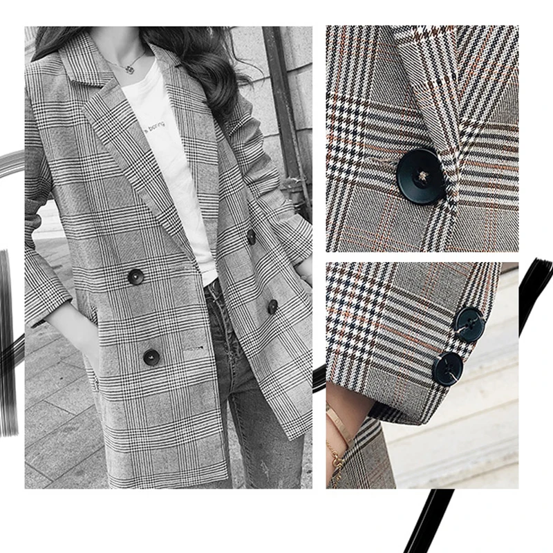 Винтажный двубортный клетчатый женский Блейзер весенние куртки с карманами