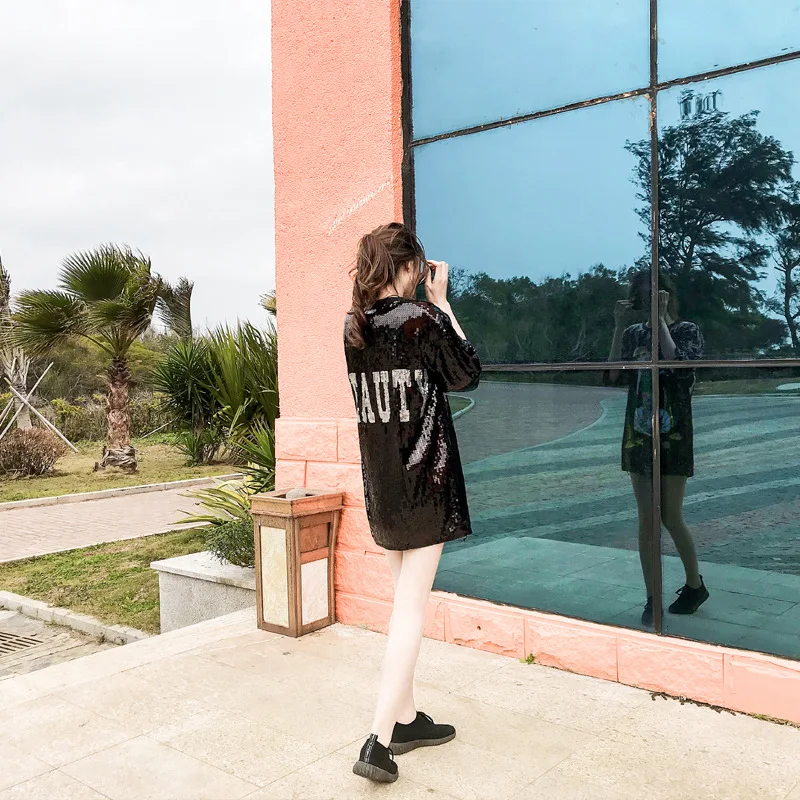 

Tide brand women's super shiny piece in the long section t-shirt female 2019 summer new cartoon mermaid beads loose tops