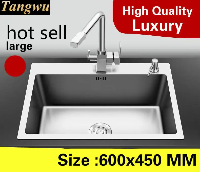 

Free shipping Apartment luxury kitchen manual sink single trough do the dishes 304 stainless steel hot sell large 60x45 CM