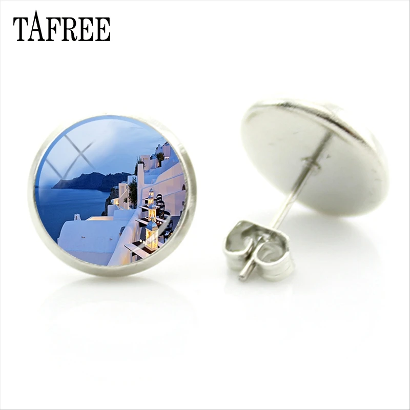 Круглые серьги-гвоздики TAFREE с островом Санторини греческий пейзаж серьги