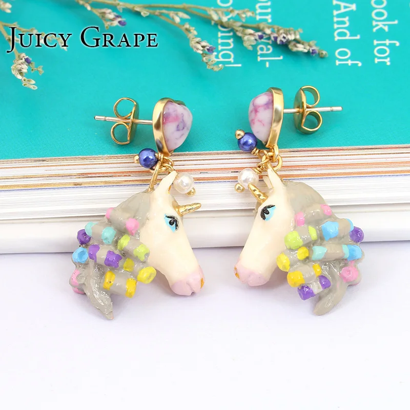 Brincos 2017 милые серьги гвоздики в виде единорога из натурального камня Sieraden Joyas