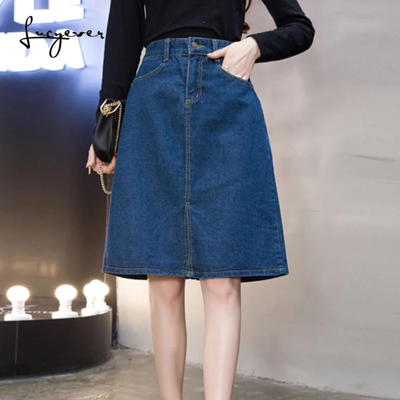

JMPRS Vintage spring summer women denim skirts lager size solid A-line knee-length casual jeans ladies cotton 5XL jupe femme