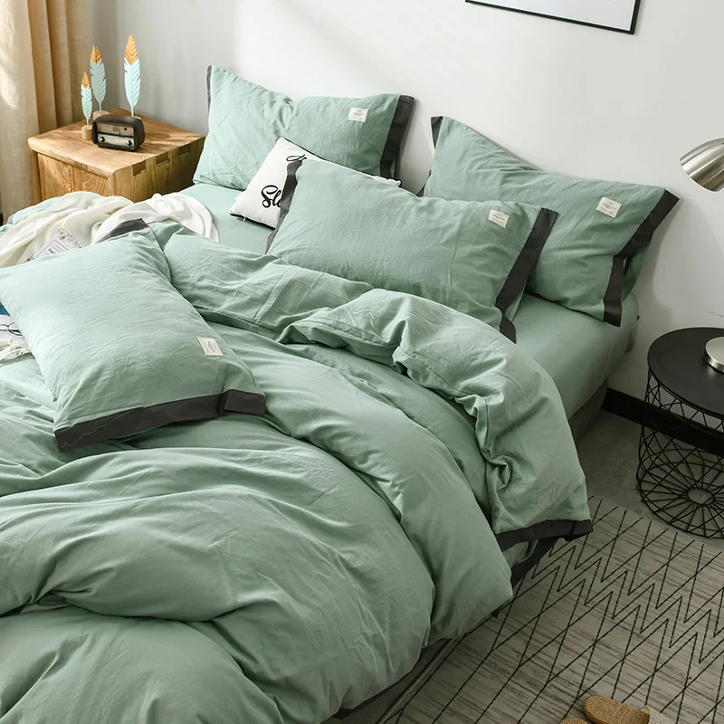 3 4pcs Washed Cotton Brief Style Green Solid Fashion Bedding Sets Duvet Cover Flat Fitted Bed Sheet Pillowcase Home Use Soft | Дом и сад