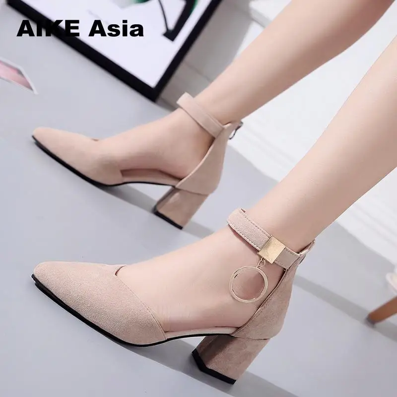 Women Pumps Sexy High Heels Summer Suede Ladies Thick Heel Ankle Strap Open Toe Peep Gladiator Sandals Metal Decoration | Обувь