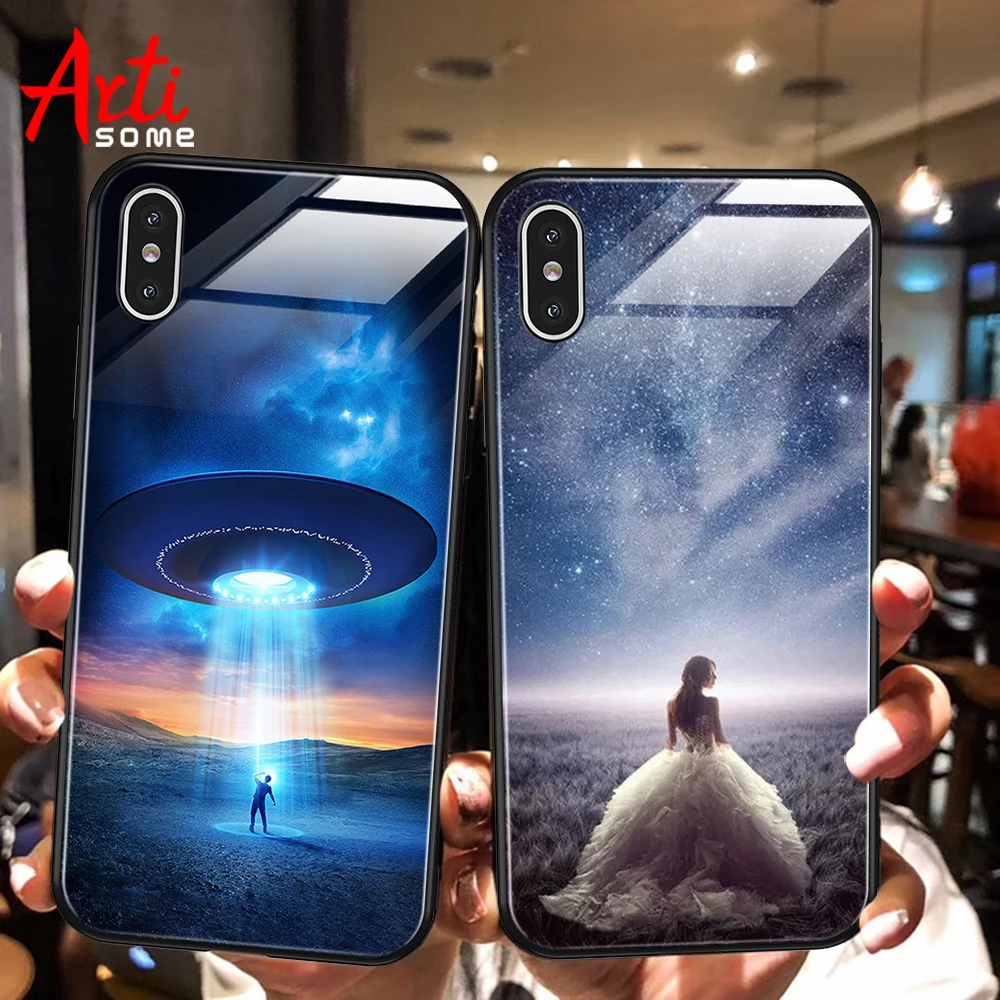 Space Star Стекло чехол для iPhone 7 8 плюс 6 6S роскошный мягкий из термополиуретана X XR XS Max