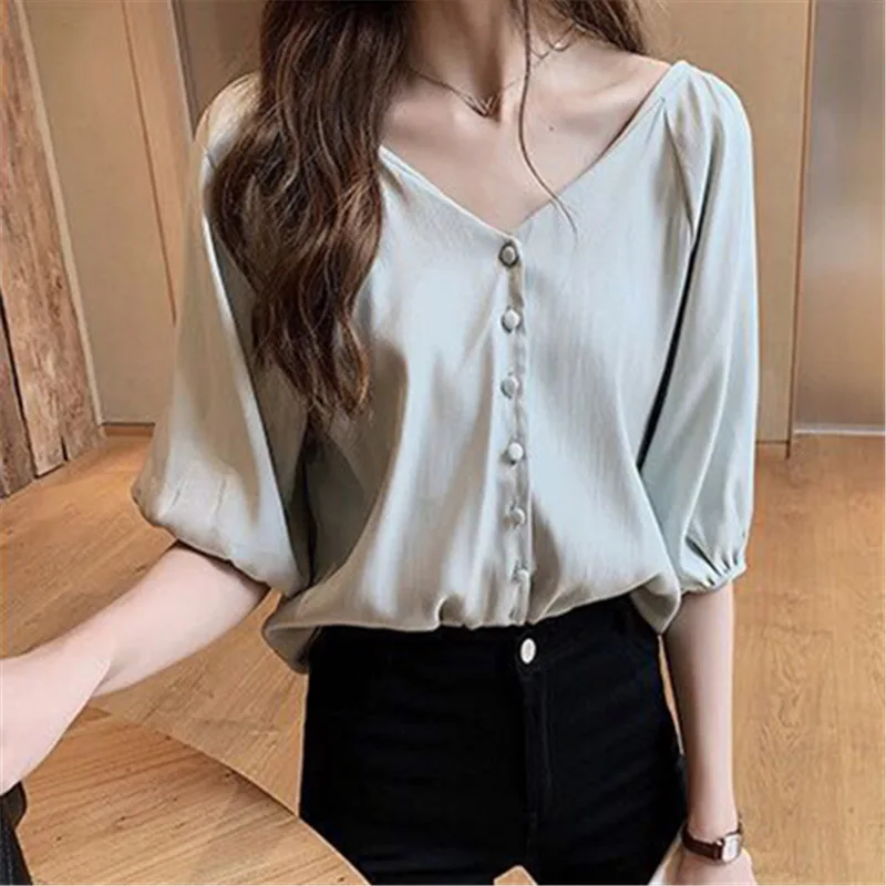 2019 Summer Women White Shirt Feminine Blouse Top Short Sleeve Casual V Collar OL Style Female Button Loose Plus Size Blouses |