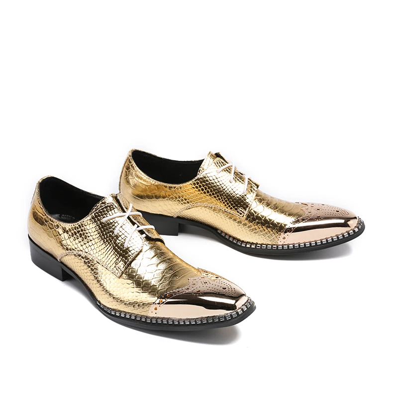 

2018 Handmade Square Toe Snakeskin Lace Up Oxford Men Dress Shoes Gold Men's Evening Party Wedding Shoes Extra Plus Size 46 47