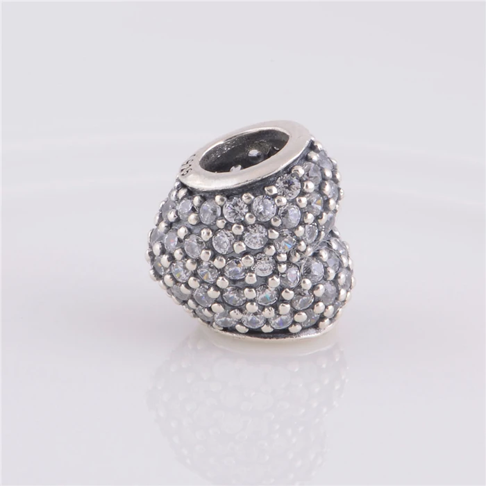 100% стерлингового серебра 925 Украшенные стразами Сердце Любовь Шарм Бусины Fit