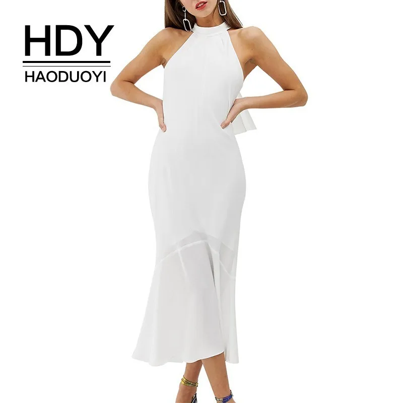 Женское платье HDY Haoduoyi однотонное белое с завязками на спине и бантом без
