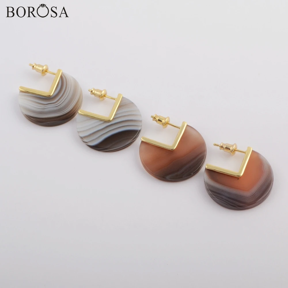 Женские серьги гвоздики BOROSA позолоченные из натурального оникса и агата 5 пар