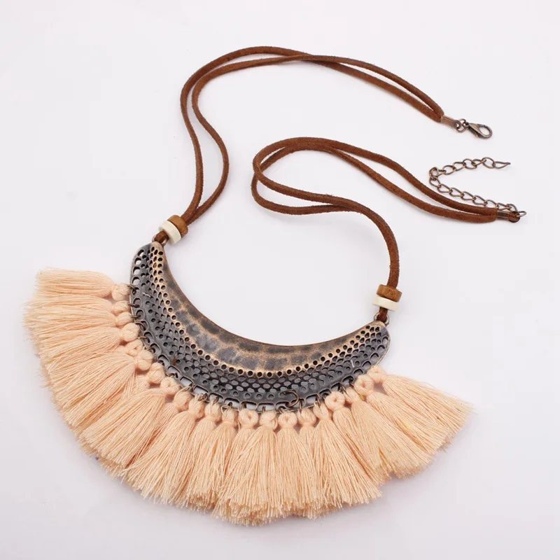 

Bohemia Tassel Necklace For Women Crescent Shape Metal Cotton Tassel Big Pendants & Necklaces Vintage Collares Fashion Jewelry