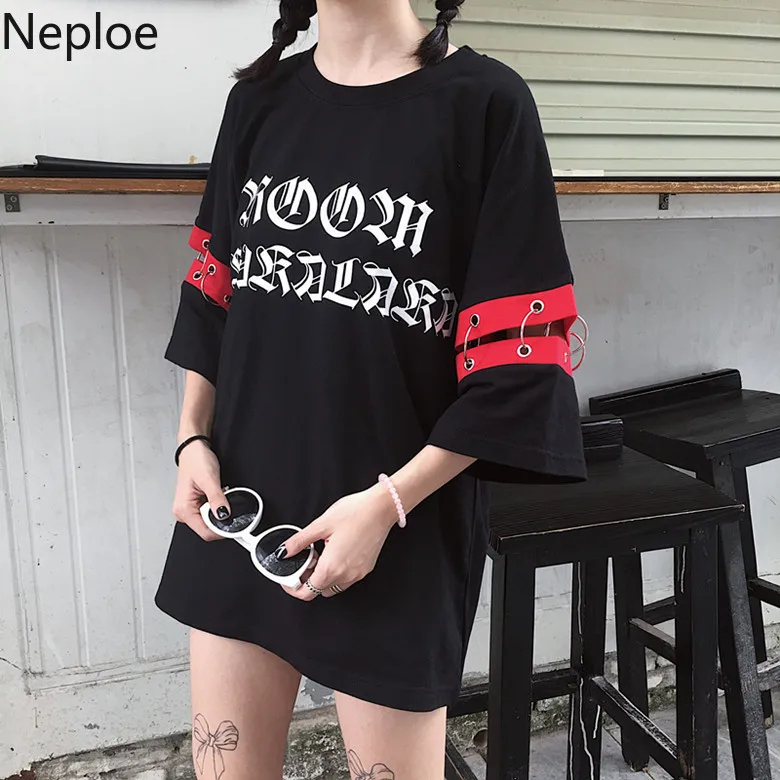 Neploe летняя черная женская футболка японский Harajuku Готический Стиль Повседневная футболка Топы с принтом букв кольцо дизайн женские футболки 39063