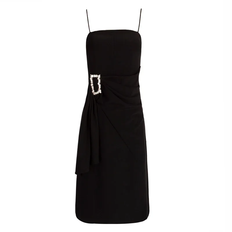 INDRESSME 2019 New Black dress Spaghetti Straps Sleevelss Backless Bodycon Asymmetrical Hem Women With Diamond Belt Midi Dress | Женская