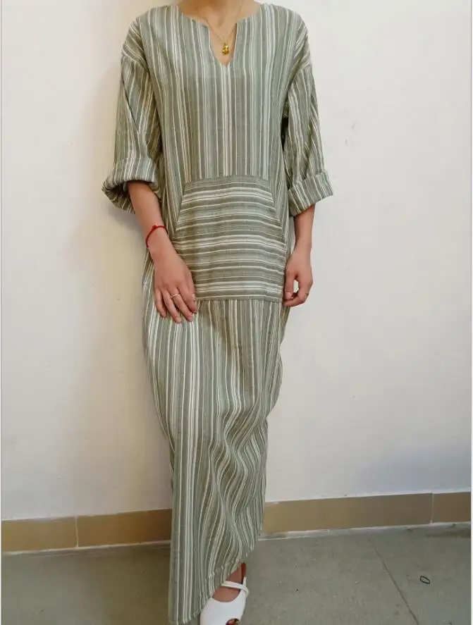 Хлопковое льняное Полосатое женское платье с рукавами на запястье свободные