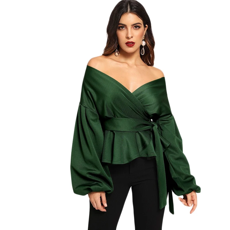 SHEIN белая офисная женская элегантная блузка с рукавом-фонариком и баской с открытыми плечами, Осенние сексуальные женские топы и блузки