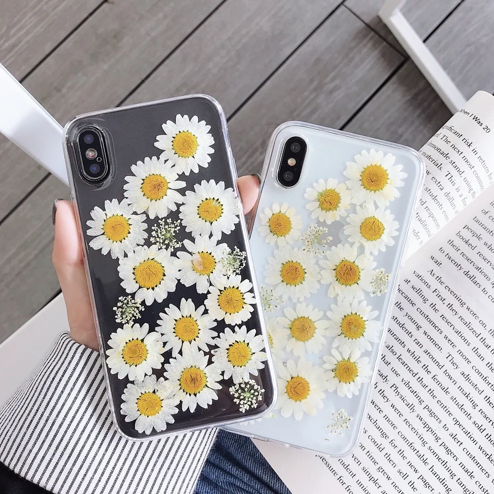 Daisy Real Flower Dried Flowers Transparent Phone Case For iPhone X XR XS Max 8 7 6 6s Plus Soft Silicone TPU Back Cover Coque |