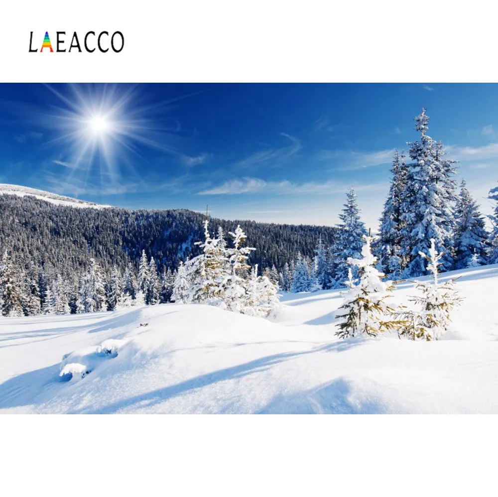 Laeacco Зимние горы снег сосновый лес сияющее небо живописные Фото фоны фотосессия фотография фоны для фотостудии