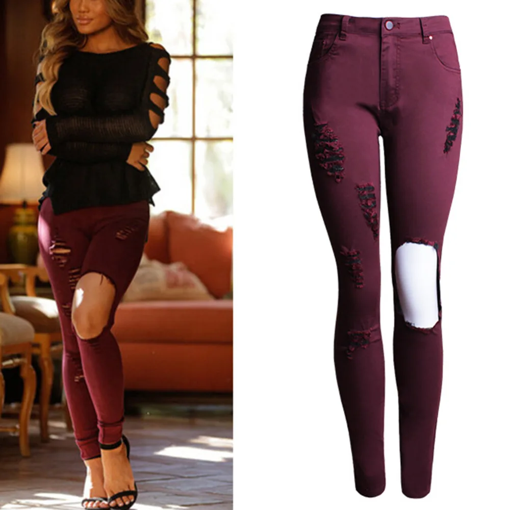 Для женщин Большие размеры уничтожены рваные Эластичные Обтягивающие джинсы