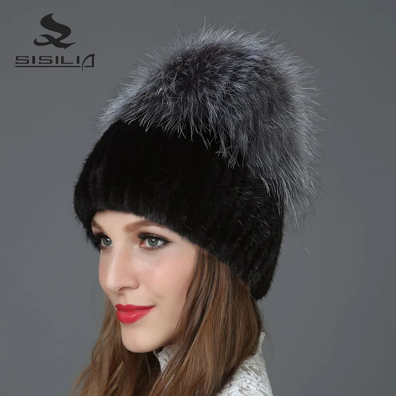 Sisilia Новинка года новые зимние модные Для женщин Шапки с лисой Мех животных шляпа Пипидастр зима Шапки Теплые трикотажные хлопковые шапочки Женские шапки