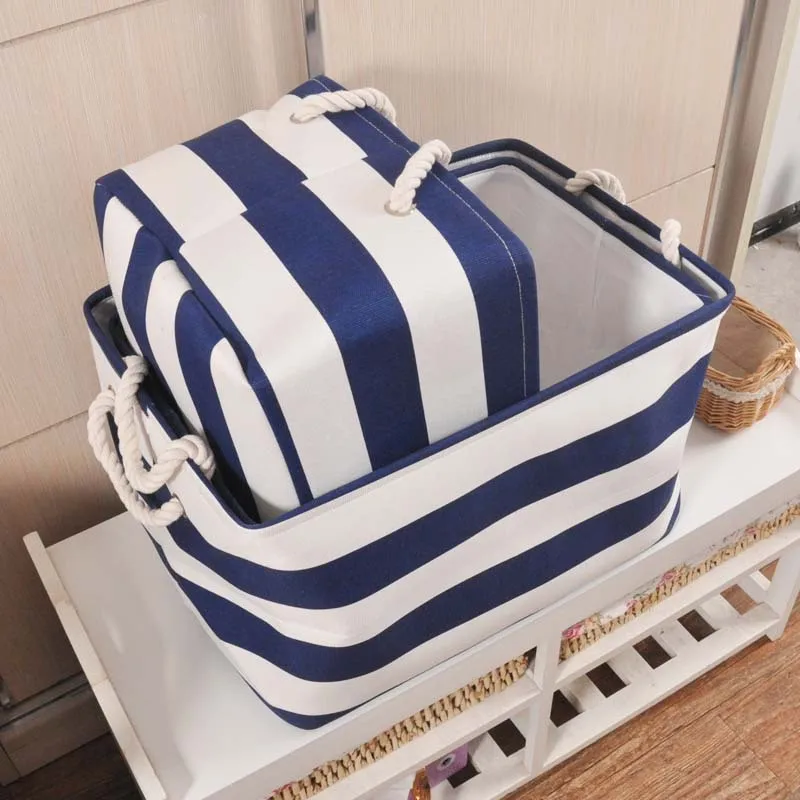 Тёмно синий органайзер для белья в полоску из хлопчатобумажной ткани|basket for