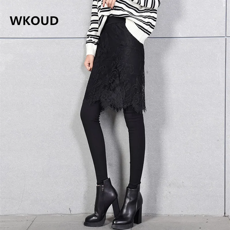 WKOUD Women Winter Leggings Black Pants With Lace Skirts Fashion Thickening Fleeces Warm Skirt Female Footless P8108 | Женская одежда
