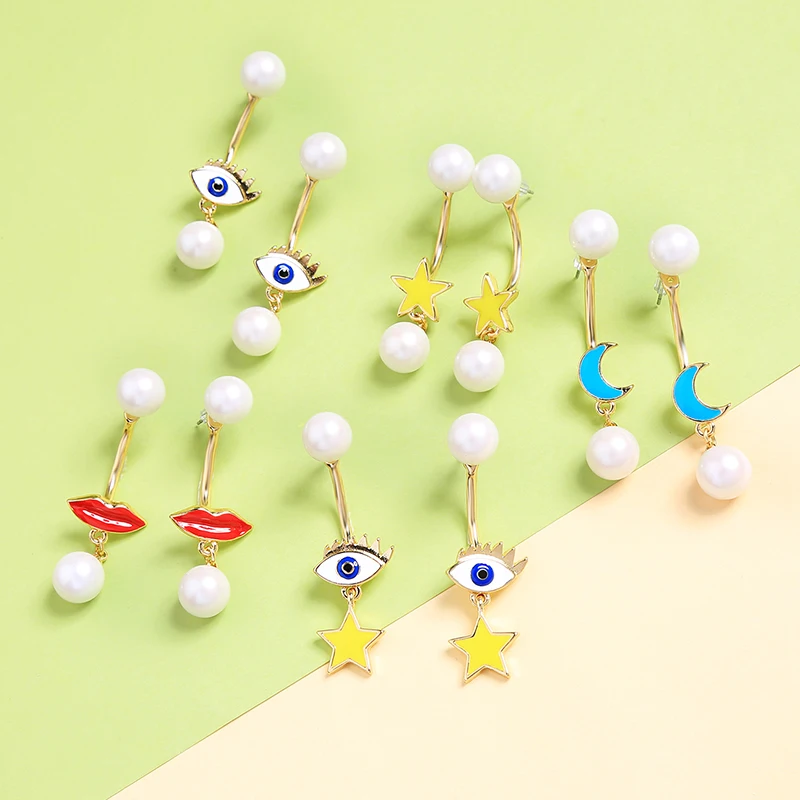 KISS ME Chic Imitation Pearl Enamel Drop Earrings 2018 Korean Fashion Lip Eye Star Moon Earrings for Women Party Jewelry