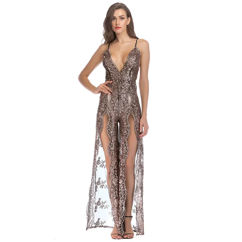 Женское платье с блестками длинное прозрачное открытым разрезом по