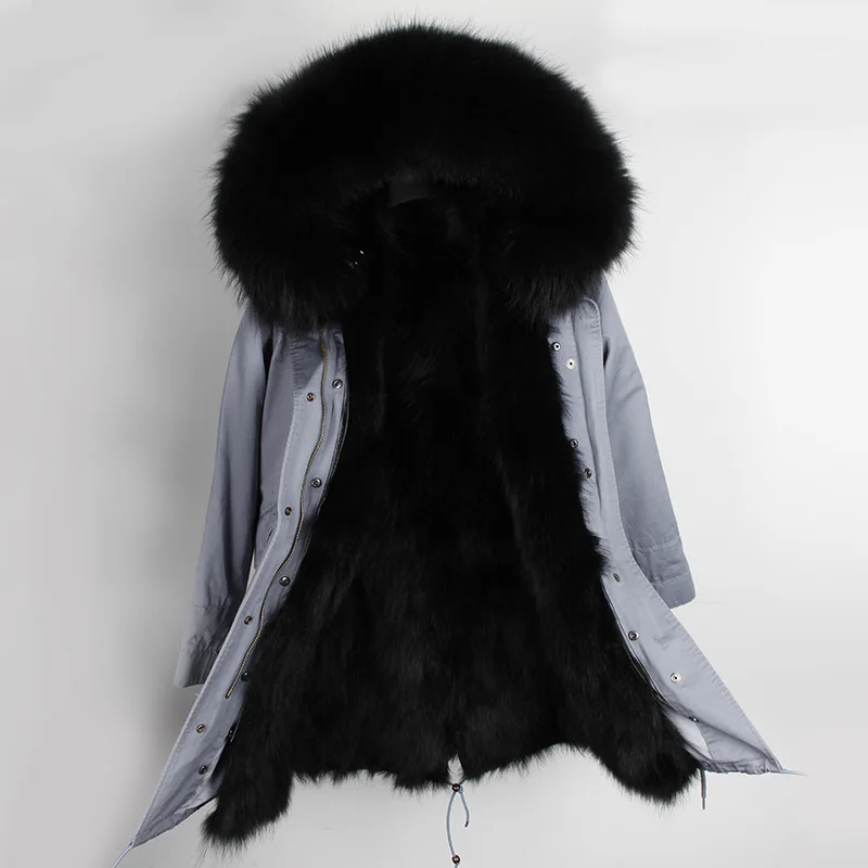 grey black fur Брендовая зимняя женская куртка, длинная шуба из натурального Лисьего меха, женские теплые меховые куртки, воротник из натурального меха енота, парка с подкладкой из натурального меха - Цвет: grey black fur