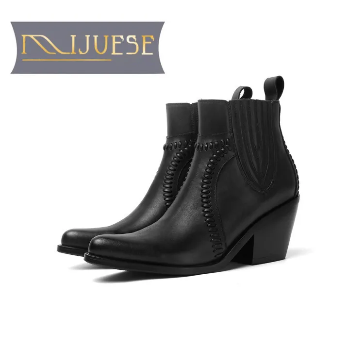 MLJUESE/женские ботильоны из коровьей кожи Винтажные Ботинки коричневого цвета на