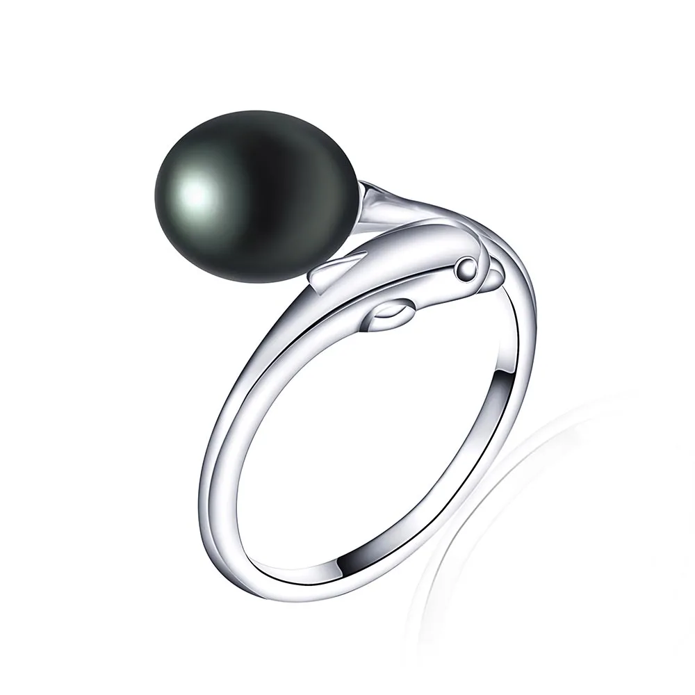 black pearl Модные серебряные 925 Дельфин натуральный пресноводный жемчуг для женщин кольца хорошее качество Регулируемый кольцо белая жемчужина ювелирное изделие - Цвет камня: black pearl