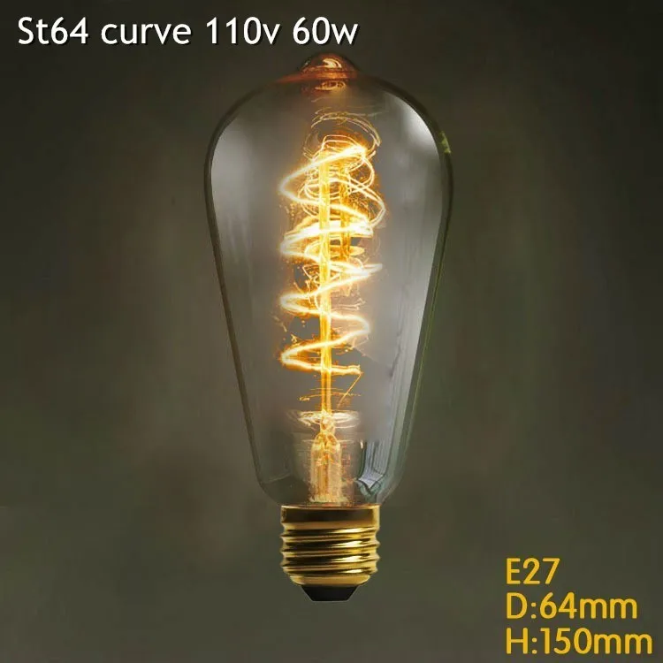 Винтажный Лофт ретро DIY E27 спиральный светильник накаливания Новинка приспособление стеклянные лампы Эдисона 40 Вт 60 Вт 110-240 В подвесные лампы светильник ing - Цвет: St64 curve
