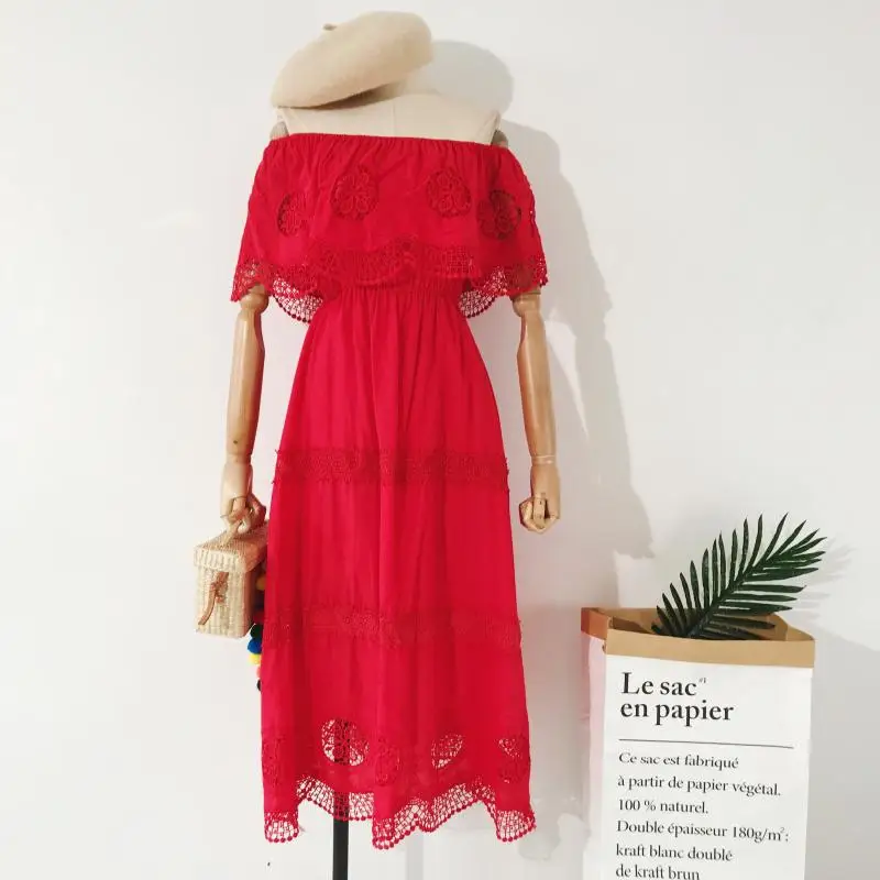 2019 Boho кружева со складками с открытыми плечами женское платье крючком Высокая